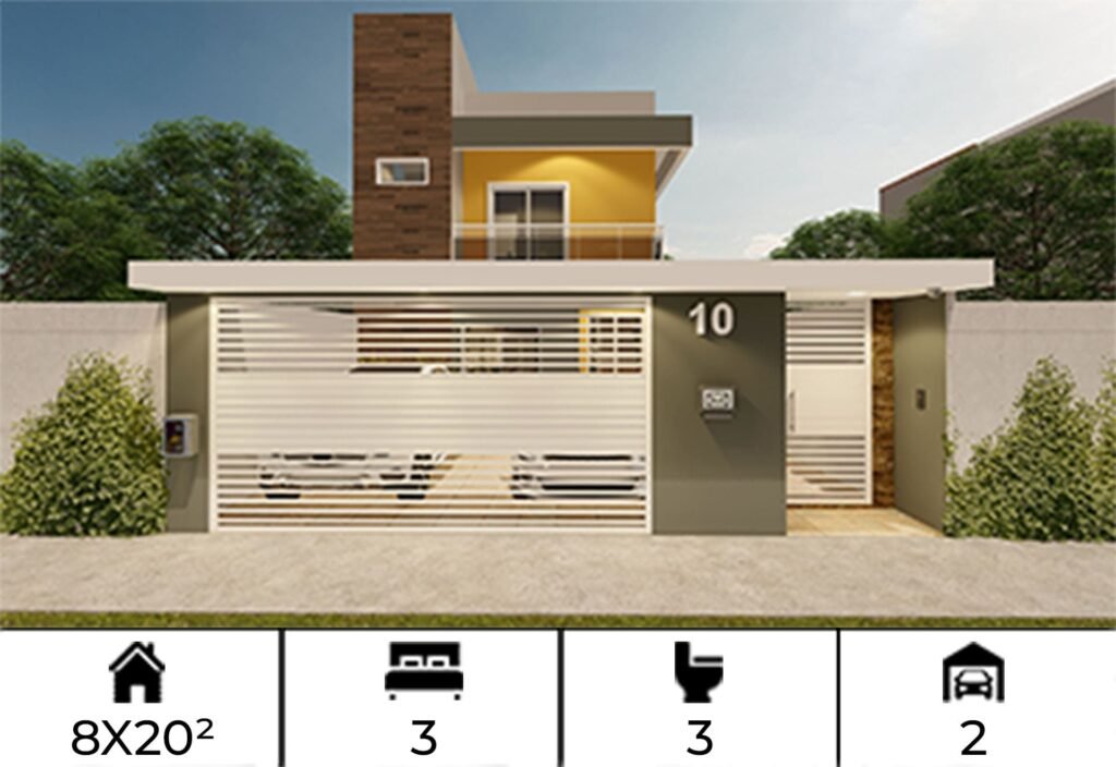 Planta de Casa Sobrado 8x20m 3 quartos c/ suíte