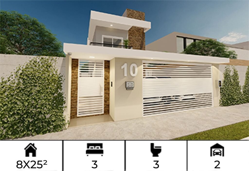 Planta de Casa Sobrado 8x25m 3 quartos c/ suíte
